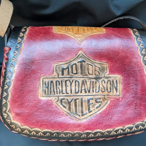 Vtg New Harley-Davidson Multicolor Tooled Adjustable Strap Leather Bag - Picture 5 of 12